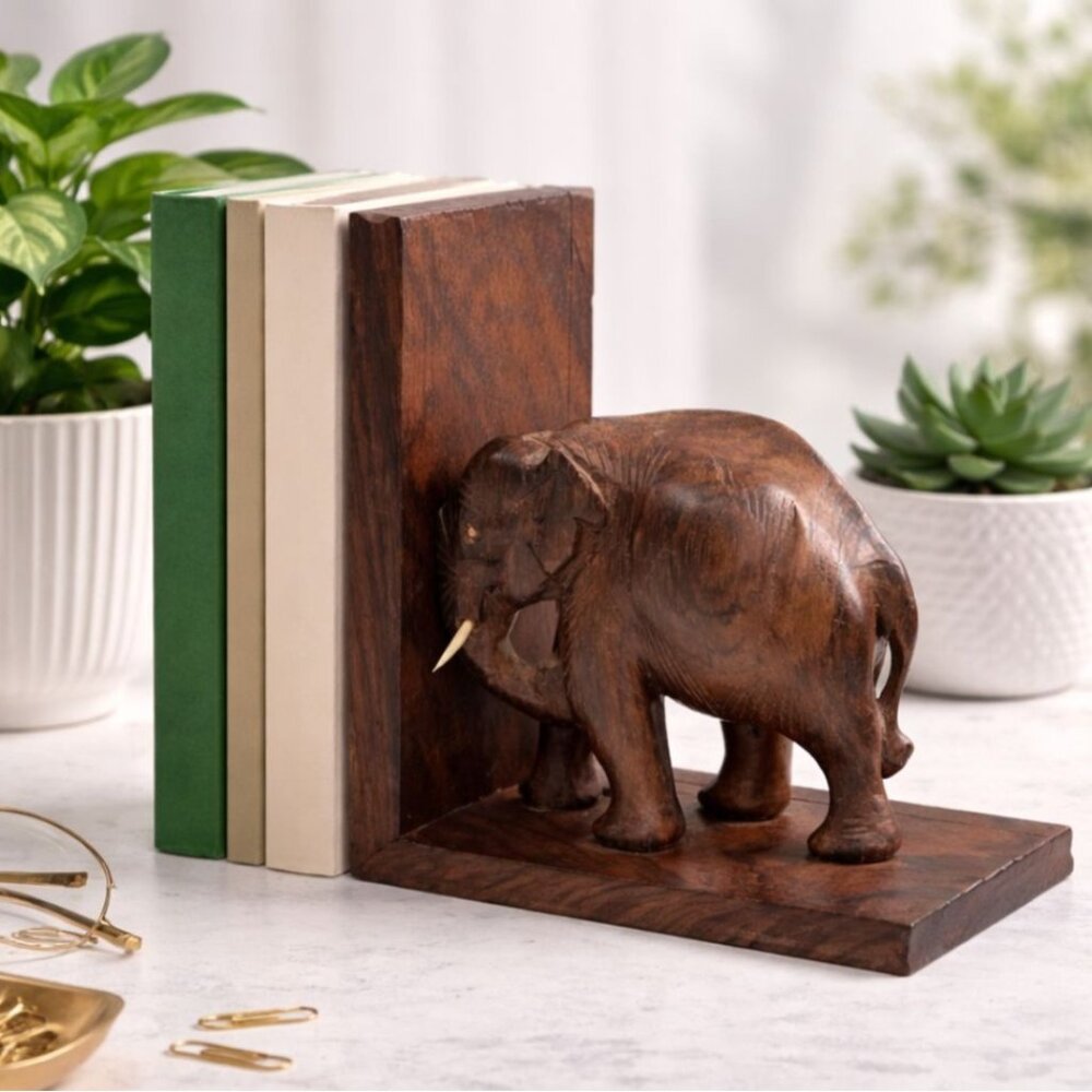 Vintage Hand Carved Wooden Elephant Single Bookend Rustic‎ Boho Decor